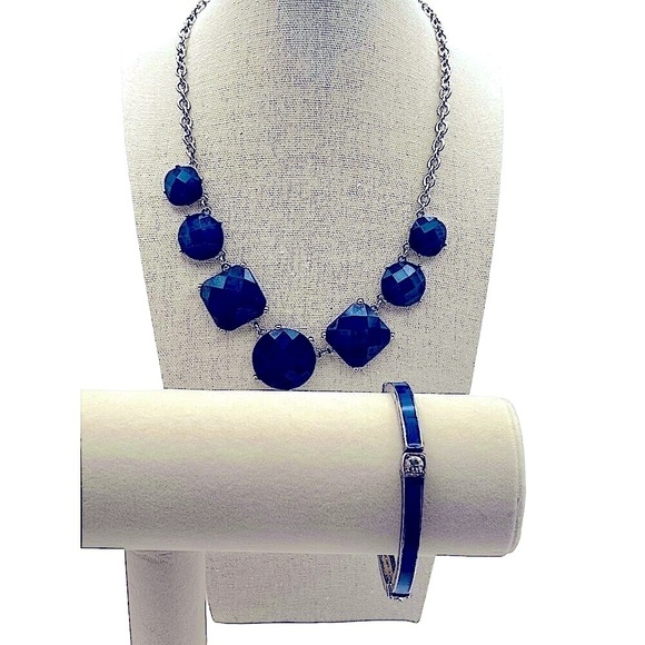 Blue Faceted Necklace & Bangle Set Geometric Design Silver-Tone Chain. N71 - Picture 2 of 12